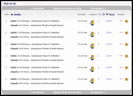 Tarifas megabus Bologna Roma